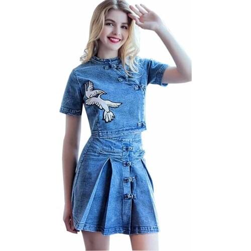 2020 Real Shot Fashion China Style Summer Denim Two-Piece Suit Women A-Line Mini Jean Skirt Sets Casual Short 2-Piece Sets KW336