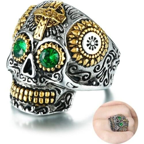 Mexican Sugar Skull Rings for Men Punk Green Rhinestone Eyes Gold Teeth Ring with Gothic Cross Stainless Steel Male Anillo