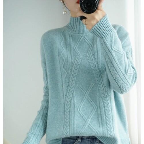 2021 new style 100% wool ladies high neck pullover sweater long sleeve pure color all-match casual cashmere base sweater