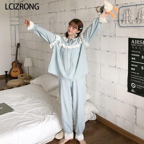 New Spring Sweet Girl 2pcs Plaid Pajamas For Women Loose O Neck Long Sleeve Long Pants Nightgown Lace Ruffle Pijama Mujer