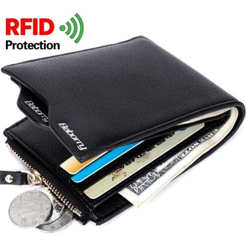 New Design RFID Protection Blocking Stop Wallet Vintage Casual Men Short Purse PU Leather Zipper Coin Pouch Card Case Anti-Theft