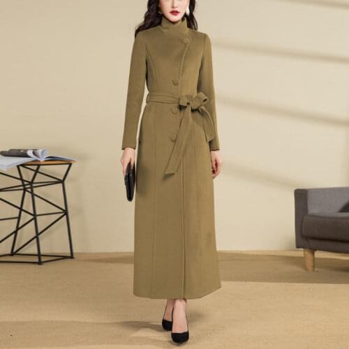 Retro Single Breasted Wool Coat Women Winter Fashion Mandarin Collar Cashmere Trench Coat Warm Woolen Overcoats with Belt