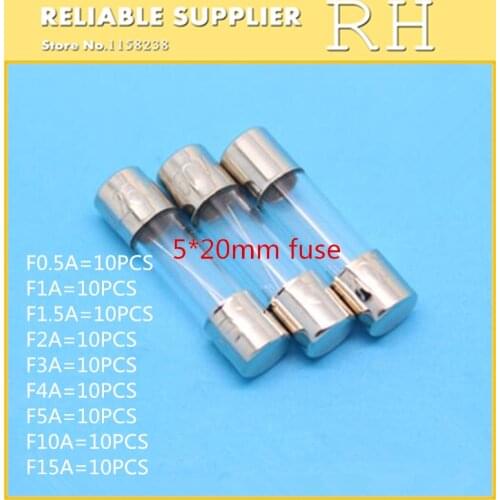 90PCS/lot 5*20MM FUSE 250V F0.5A 1A 1.5A 2A 3A 4A 5A 10A 15A Glass fuse tube Each 10pcs