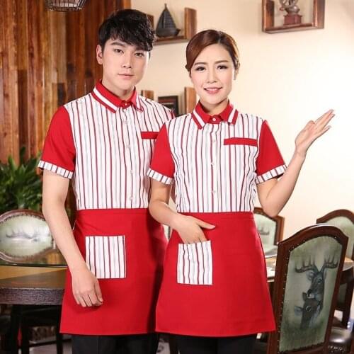 Hotel Restaurant Work Uniform Womens Waitress Short-sleeved Workwear Hot Pot Fast Food Shop Coat Overalls Waiter Shirt H2312