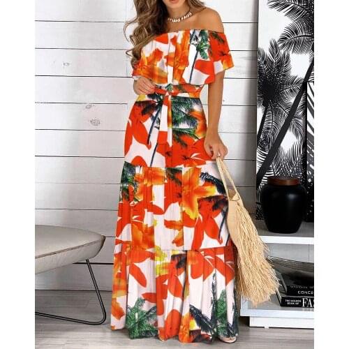 Sexy Off Shoulder Floral Print Ruffle Maxi Dress Elegant Women Straight Neck Party Dresses For 2021 Summer Wrap Long Dress 2XL