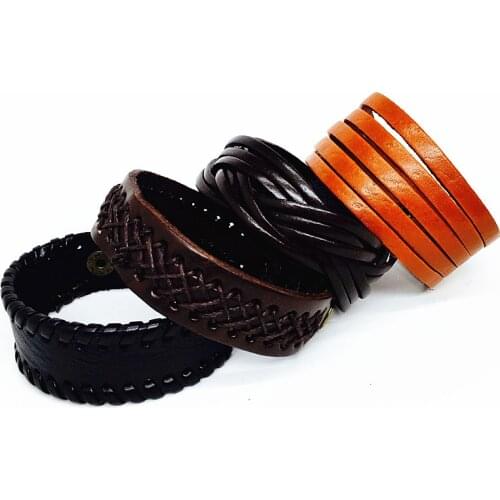 30pcs Genuine Leather Bracelet Men Black/Brown/Coffee Wide Fashion Press button Vintage Cuff charm bangle wristband wholesale