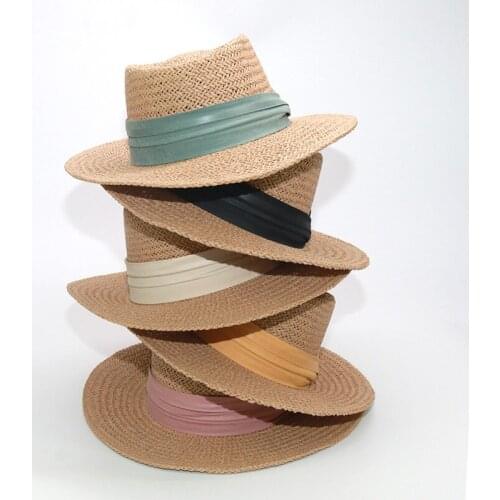 Summer Beach Foldable Straw Hats For Women Round Big Brim 10 Colors Ribbon Panama Caps Sunshade Concave Top Hat Travel Sun Cap