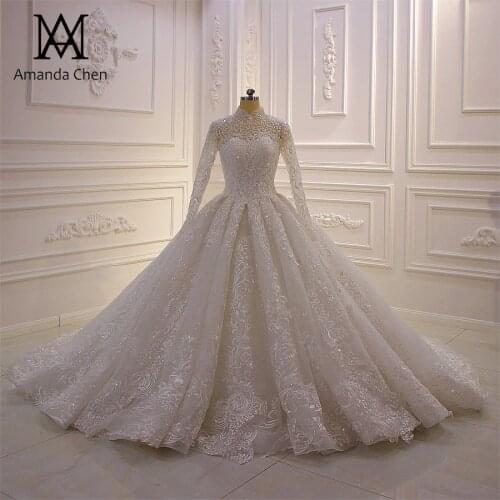 Abito da sposa High Neck Lace Applique Wedding Dress Long Sleeve