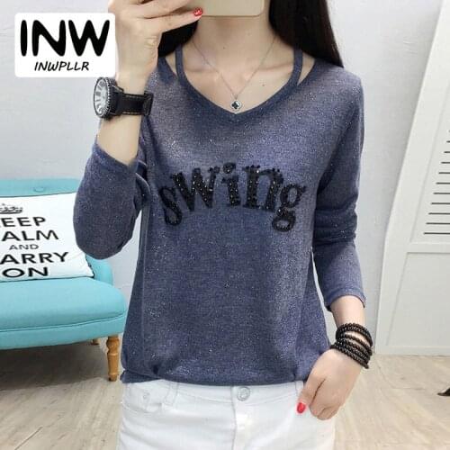 2019 Fashion Women Tshirts Autumn Winter Letter T-shirt Women Printing Camisetas Mujer Long Sleeve Diamonds Tee Shirt Ladies