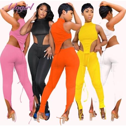 Women Summer Workout Two Piece Set Solid Sleeveless Drawstring Tank Tops Legging Sweatpants Outfit Jooger Matching Set Tracksuit