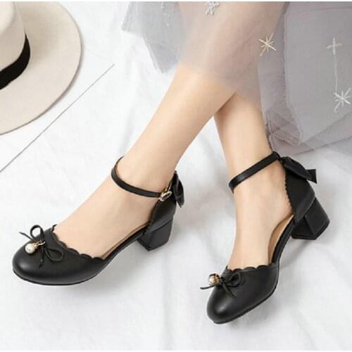 Sianie Tianie 2020 summer round toe korean japanese girls sweet mary janes shoes chunky low heels sandals with butterfly knot