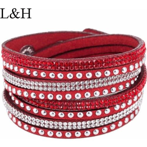 Women Fashion Multilayer Rivet Rhinestone Suede Wrap Bracelets Bling Slake Deluxe Double Leather Cuff Bangle Pulseiras Femininas