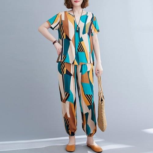 Short Sleeve Loose Tops High Waist Harem pants Two Piece Summer Casual Set Women Clothes Set Cotton Satin Print Vintage Suits