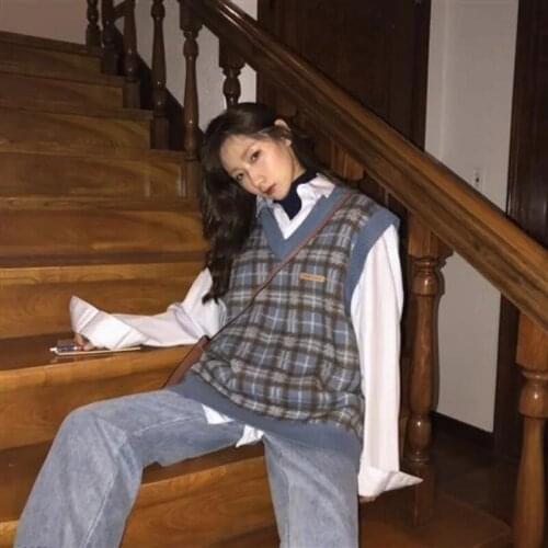 Zadily 2021 Autumn Oversize Plaid Womens Sweater Vintage Sleeveless V Neck Loose Ladies Long Vest Winter Female Clothing