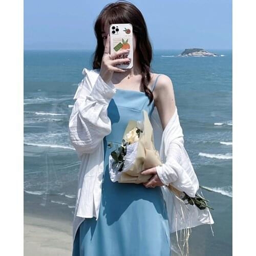 Woman Dress Blue Suspender Skirt Female Spring and Autumn New Style French Gentle Temperament Beach Holiday Long Skirt