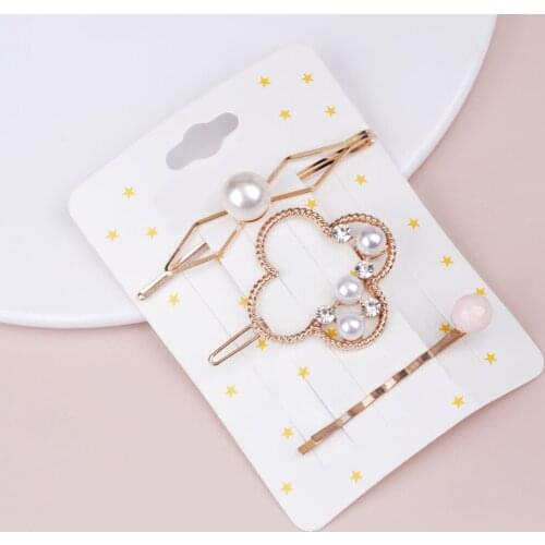 3pcs Women Hair Clip Simple Design Simulated Pearls Beaded Bowknot Hair Floral Hollow-out Barrette Hair Styling Pin Duckbill