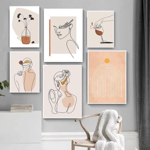 Abstract Women Body Back Line Drawing Wall Art Poster And Print Geometry Arch Art Painting Leaf Flower Canvas Nordic Home Decor