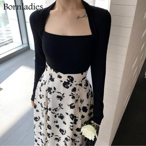 Bornladies Autumn Female retro halter T Shirts Casual Skinny Bodycone Tees Women Sexy Cotton Long Sleeve Knitted T Shirts Pull