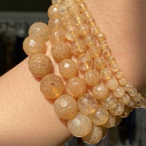 Natural Yellow Faceted Rutilated Stone Beads 4 6 8 10 12mm Round Loose Beads For Jewelry Making Diy Handmade Bracelet Necklace