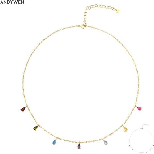 ANDYWEN 925 Sterling Silver Seven Zircon Charms Colorful Rainbow Choker Necklace Chains Women Rock Punk Party Jewelry For Party