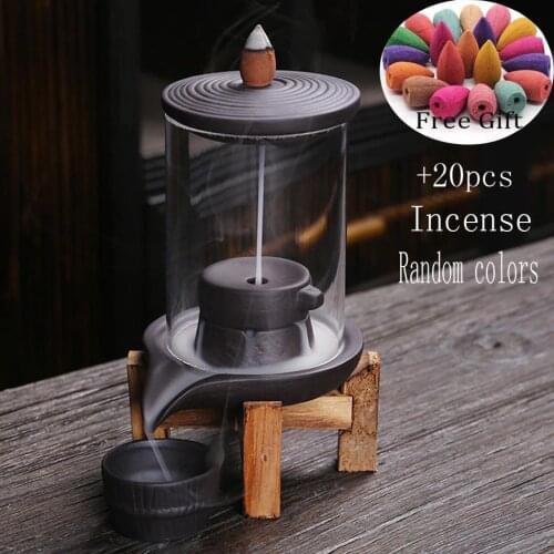 Ceramic Smoke Waterfall Incense Burner with Acrylic Windproof Cover Home Zen Indoor Incense Holder Aromatherapy Stove Ornament