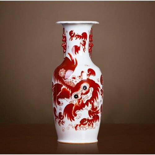 Jingdezhen Ceramics Are Too Few Red Lion Big Vase Double Ears Antique Chinese Style Living Room Ornaments porcelain ceramic vase
