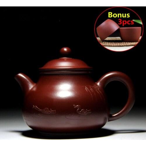 120ml Ceramic Purple Clay Tea Set Chinese Handmade Tea Pot Yixing Purple Sand Teapots Kung Fu Porcelain Kettle Set Bouns 3 Cups