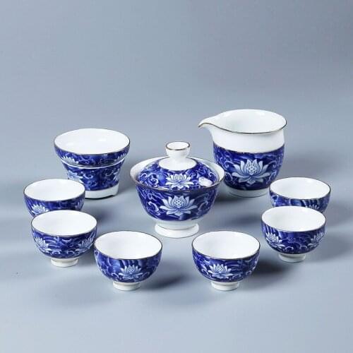 Ceramic tea set suit high-end gift 10 head filled with the color of blue and white porcelain ceramic paint kung fu tea