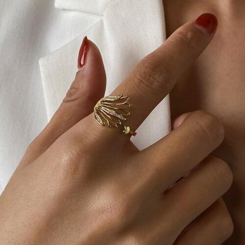 New Personalized Design Wings Ring for Women Inlaid Zircon Open Index Finger Ring Hollow Feather ALloy Ring Korean Style Jewelry