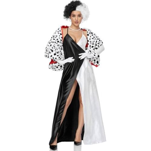 Cruella de Vil Cosplay Costume Halloween Carnival Outfit Womens Sexy Evening Runway Party High Split Maxi Dresses With Shawl
