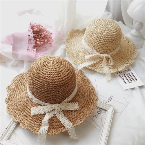 Lace Sun Hat Women Korean Version of The Parent-child Summer Straw Hats Hand-hook Needle Cap Folding Beach Sunshade Caps H104