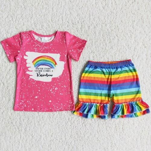 Hot Sale Kids Designer Clothes Girls Summer Set Shorts Toddler Baby Girls Clothes Rainbow Ruffle Kids Boutique Clothes Wholesale