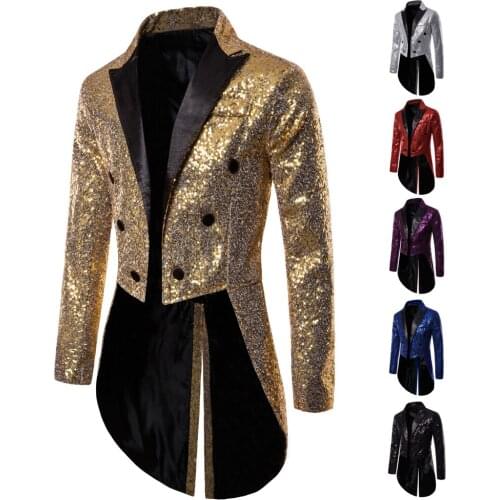 Men Tail Coat for Singer Prom Stage with Double Breasted Classic Style Dinner Shiny Gold Sequin Glitter Embellished Blazer