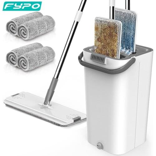 Floor Mop and Bucket Set, fypo Flat Mop Bucket System Microfiber Pads Extended Stainless Steel Home Hardwood Floor Flexible Mop