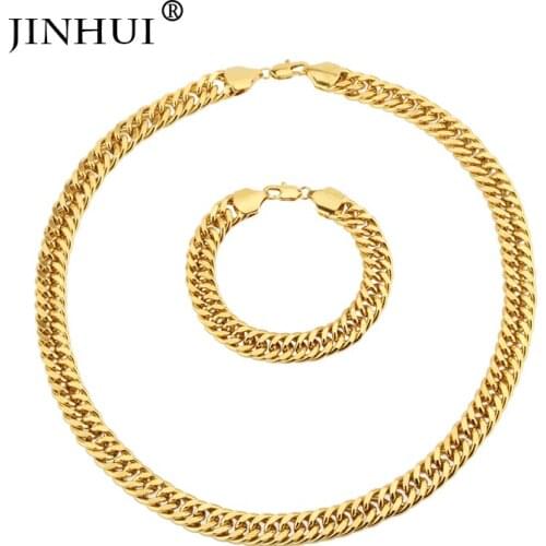 Jin Hui Gold Necklaces Jewelry set Necklace+bracelet width 12mm length 60cm fashion Women Men give friends and good sisters Gift