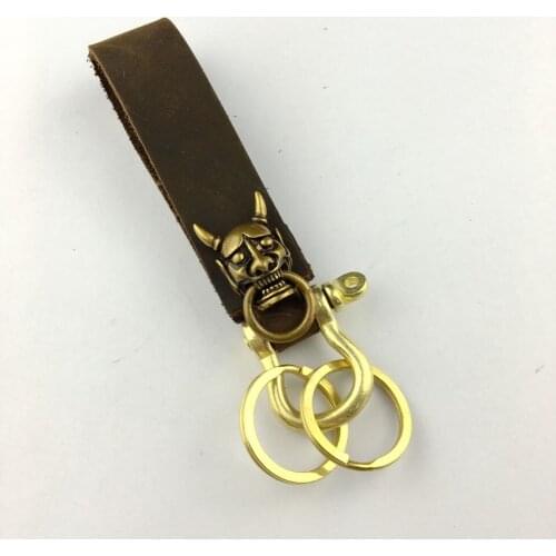 New 2017 Handmade Copper Genuine Leather Hannya Keychain Key Chain Holder Vintage Ring Men Novelty Gift Trinket Anime