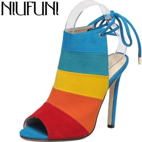 2020 New Womens Shoes Rainbow High Heels Mixed Color Fine with Sandals Sexy Peep Toe Pumps Back Lace up Lady Shoes