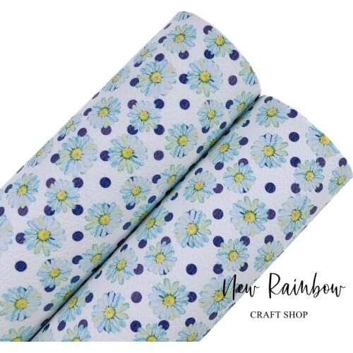 New Rainbow 30x22CM/A4 Daisy Floral with Polka Navy Dots DIY Designer Faux leatherette Sheet for crafts, bow making