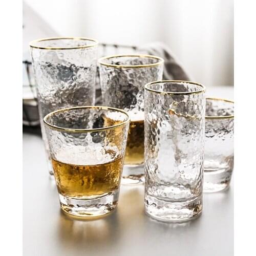 Whiskey Glass Transparent Glass Cup Beer Glass Goblet Gold Inlay Colorful Wine Glass Mug Creative Milk Cup Restaurant Drinkware