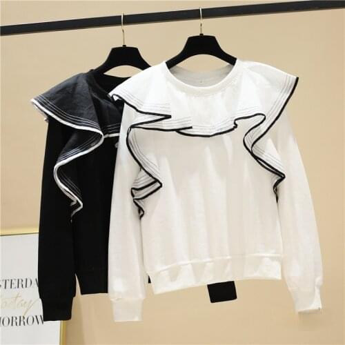 Three-Dimensional Ruffled Stitching Crew Neck Pullover Sweatshirt Womens Fashion Loose All-Matching Pullover Hoodie Top