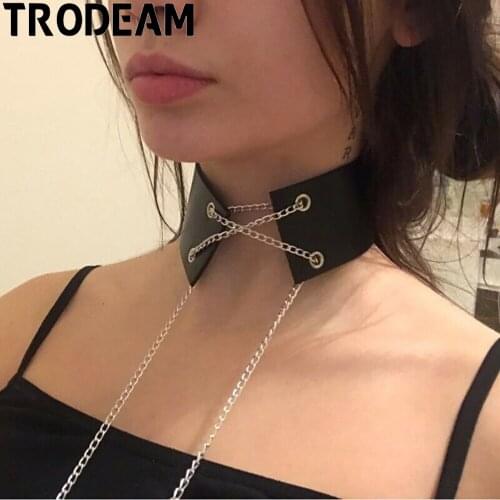 TRODEAM Women Black Wide Choker Harness Lingerie Belt With Metal Chain Bdsm Neck Garters Suspenders Belts Prom Dress Accessories