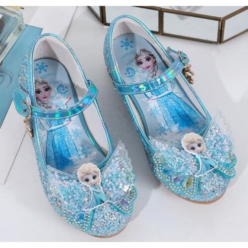 Disney Frozen Elsa Princess Kid Leather Shoes for Girls Casual Glitter Children Girl Crystal Shoes Butterfly Bowknot Sandals