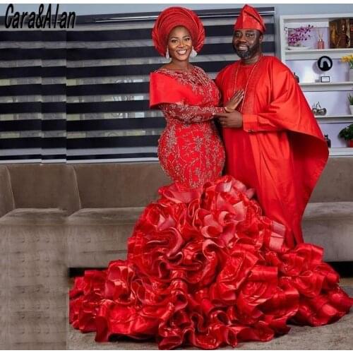 Nigerian Celebrity Evening Dresses 2021 Long Sleeves Beading Aso Ebi Red Mermaid Prom Dress Plus Size Party Gowns Ruffles Skirt