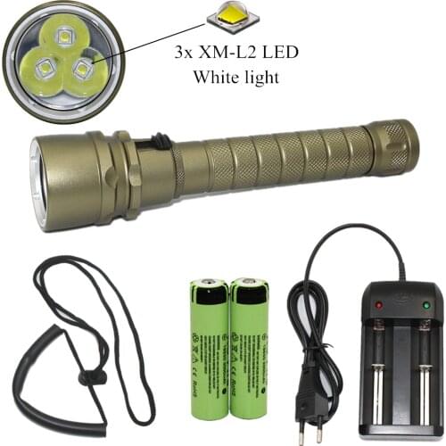 3000LM L2 LED Waterproof Scuba Diver Diving Flashlight Underwater Dive Torch Hunting Lamp + 18650 Battery + Charger
