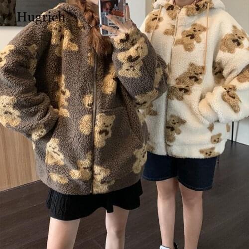 Cartoon Bear Lamb Wool Womens Hooded Jacket Casual Oversized Tops Winter Clothes Woman Jackets Cute Korean Coats