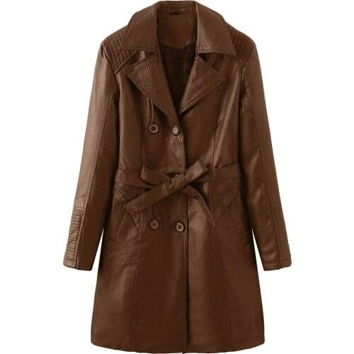 Womens Fashion Lapel Double Breasted PU Leather Mid Long Jacket Coat Ladies Autumn And Winter Warm Windbreaker
