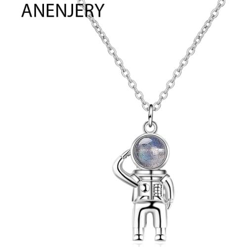 ANENJERY 925 Sterling Silver Personality Astronaut Moonstone Pendant Necklace Clavicle Chain Necklace For Women S-N484