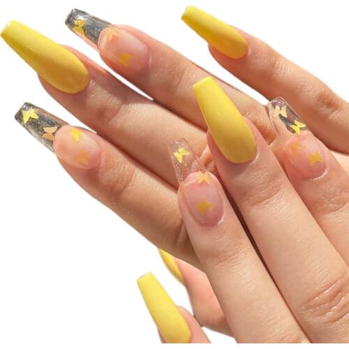 24Pcs/Box Long French False Nail Ballerina Fake Nails Yellow Butterfly Pattern Square Nail Decal False Nails Press On Nail Tips