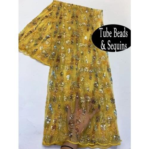 5yards/pc) High quality yellow African sequins and beads net lace fabric latest French lace for attractive party dress FXZ003