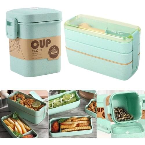 900ml Healthy Material Lunch Box 3-layer Wheat Straw Lunch Box Soup Can Microwave Tableware Food Storage Box Lunch Box